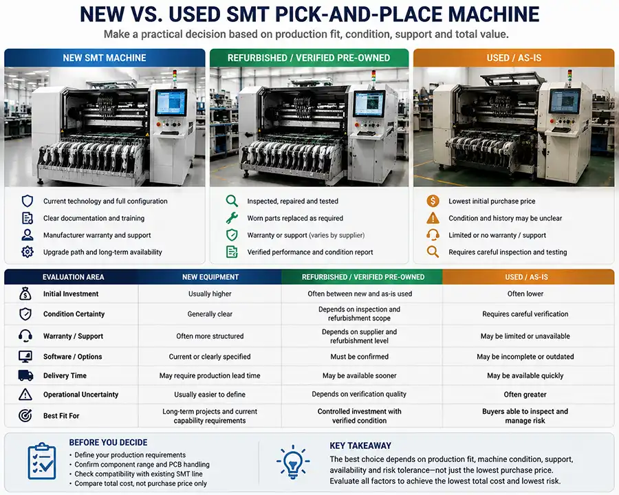 New vs. Used SMT Pick-and-Place Machines: Compare Cost, Risk and Production Fit